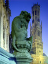 Brugge / Bruges (Flanders / Vlaanderen - West-Vlaanderen province), Belgium: lion and the belfry of Bruges - Market Square - photo by A.Bartel