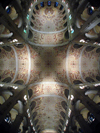 Sainte-Anne-de-Beaupr, Quebec: Basilica of Sainte-Anne-de-Beaupr - nave, transept and sanctuary - ceiling frescoes seen from the crossing - cruciform church - Romanesque ecclesiastical architecture - photo by B.Cain