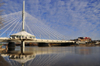 Winnipeg, Manitoba, Canada: Esplanade Riel pedestrian bridge - spans the Red River connecting downtown Winnipeg with St. Boniface, the city's French Quarter - side-spar cable-stayed bridge - photo by M.Torres