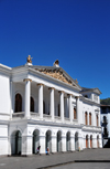 Quito, Ecuador: Plaza del Teatro / Plaza Chica - Teatro Nacional Sucre - neo classical faade by the architect Franscisco Schmit - - Ionic columns supporting the pediment - photo by M.Torres