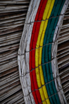 Lalibela, Amhara region, Ethiopia: Ethiopian colours - cane roof - restaurant at the Jerusalem Guesthouse - photo by M.Torres