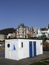 Le Havre, Seine-Maritime, Haute-Normandie, France: Portacabin, white container with blue doors, seasonal beach restaurant construction - Villa Maritime - photo by A.Bartel