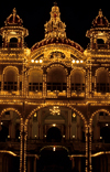 India - Mysore (Karnataka state) / MYQ:  Amba Vilas - Mysore Palace - former residence of the Wodeyar kings - architect Henry Irwin - Indo-Saracenic style - at night - photo by W.Allgwer