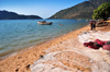 Cape Maclear / Chembe, Malawi: Lake Malawi / Lake Nyasa - fishing nets on the beach - Domwe Island on the left - Lake Malawi National Park - photo by M.Torres