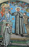 Portugal - Mogofores (Anadia): Saint John Bosco, born Giovanni Melchiorre Bosco, and the children - mosaic at Our Lady of Assistance sanctuary - the Salesian Society - So Joo Bosco e as crianas - painel no Santurio de Nossa Senhora Auxiliadora - photo by M.Durruti