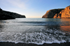 Cala Domestica, Buggerru, Sardinia / Sardegna / Sardigna: beach view - encased in a magnificent fjord between the limestone cliffs - photo by M.Torres