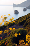 Nebida, Sardinia / Sardegna / Sardigna: limestone stacks on the Gonnesa gulf - Scoglio l'Agosteri - Pano di Zucchero in the background - photo by M.Torres