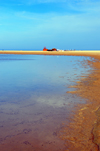 Baia di Chia, Domus de Maria municipality, Cagliari province, Sardinia / Sardegna / Sardigna: lagoon and beach - the Mediterranean Sea is a thin line on the horizon - photo by M.Torres