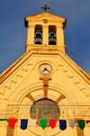 Pula, Cagliari province, Sardinia / Sardegna / Sardigna: gable faade of the Chiesa di San Giovanni Battista - Sant'Efisio sign - photo by M.Torres