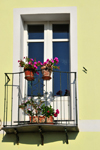 Cagliari, Sardinia / Sardegna / Sardigna: balcony with railing and flower vases - south end of Via Santa Croce - Terrapieno del Cardona - quartiere Castello - photo by M.Torres