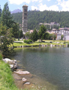 Switzerland - St Moritz / Sogn Murezzi - Graubnden / Grigioni canton - Lake of San Murezzano and St.Karl catholic church, at St.Moritz-Bad - Engadine valley - photo by J.Kaman