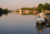 Wilmington, Delaware: dawn on the Christina River - boats and the bridge carrying US Route 13 - reflections - photo by M.Torres